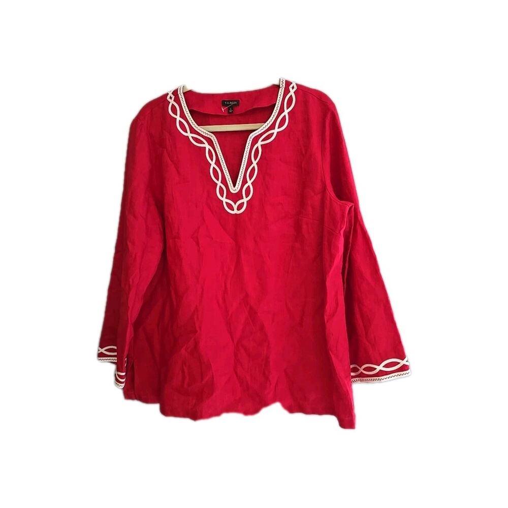 Talbots Red Embroidered V-Neck 100% Linen Long Sleeve Top Womans Size Large